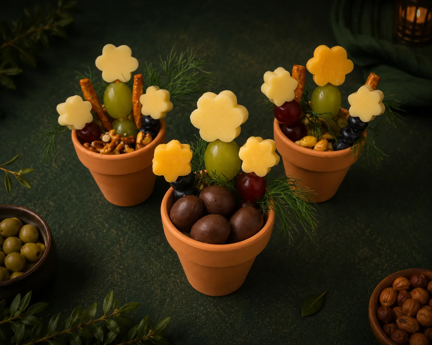 Terracotta pots filled with cheese flowers, grapes, and pretzels