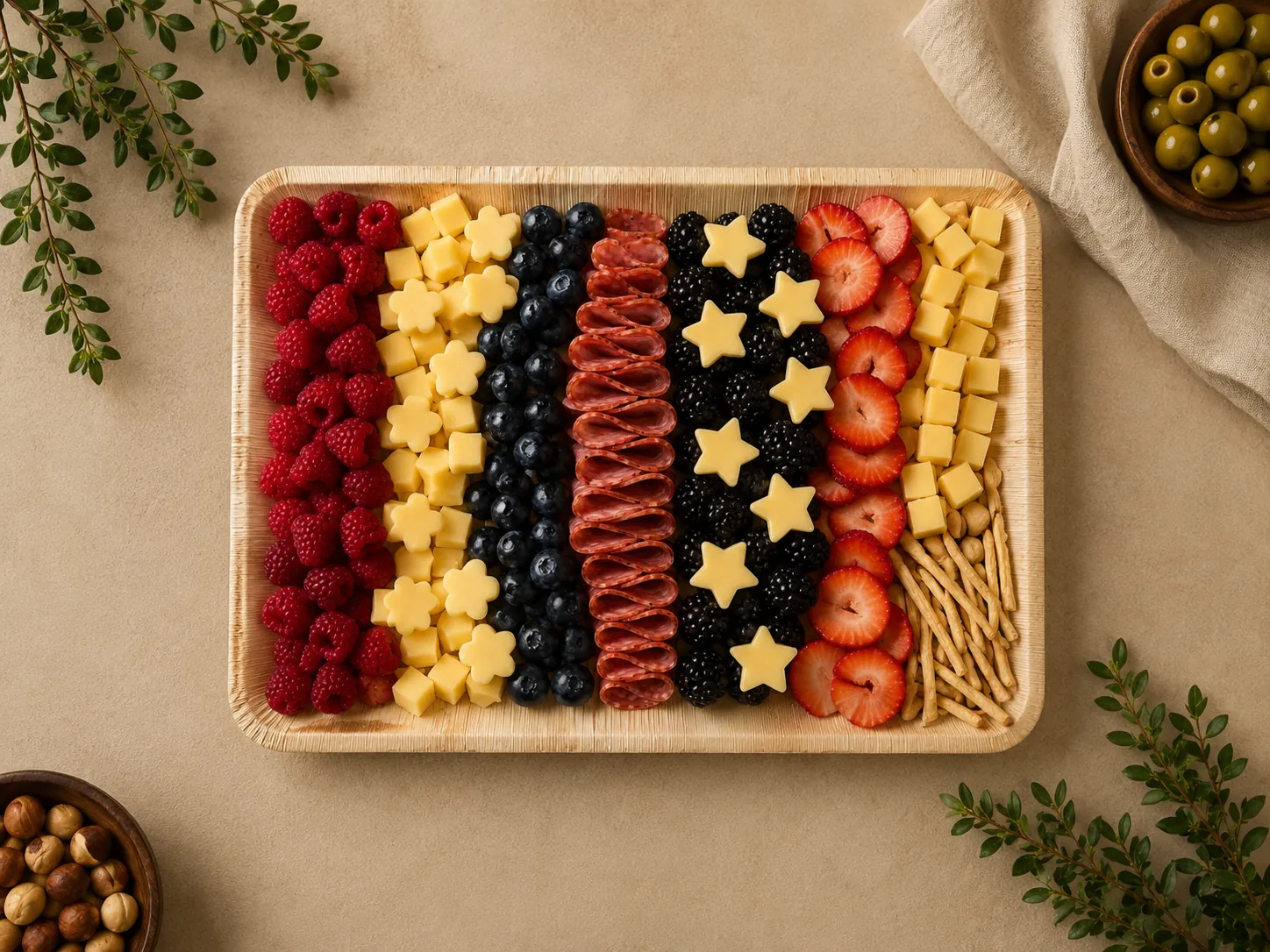 Rainbow-striped board with raspberries, cheese stars, blueberries, and strawberries