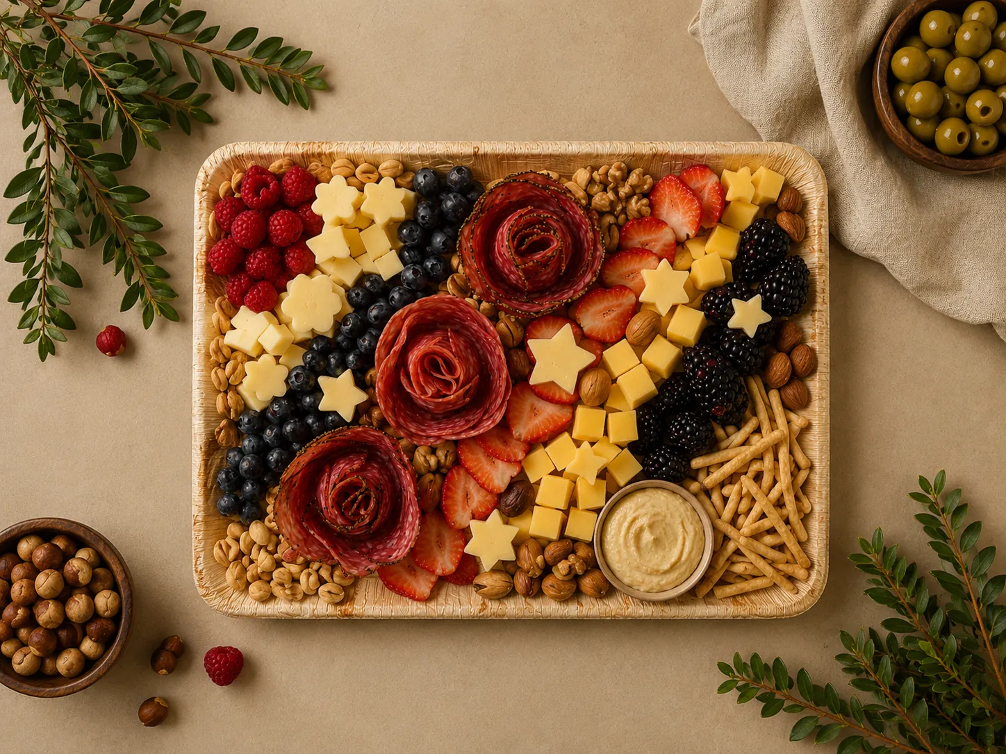 Grazing board with salami roses, cheese stars, berries, and dip
